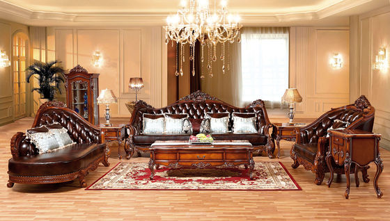 New French Style Picture Leather And Wood Sofa Furniture Antique Classic Set